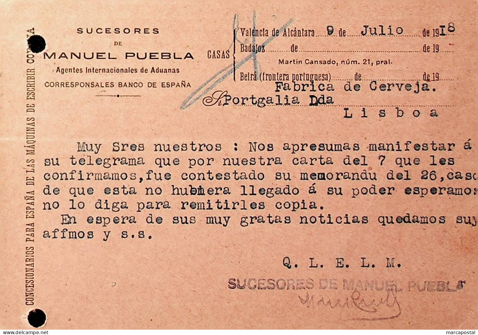 Portugal 1918 Ambulância Postal Leste II - Poststempel (Marcophilie)