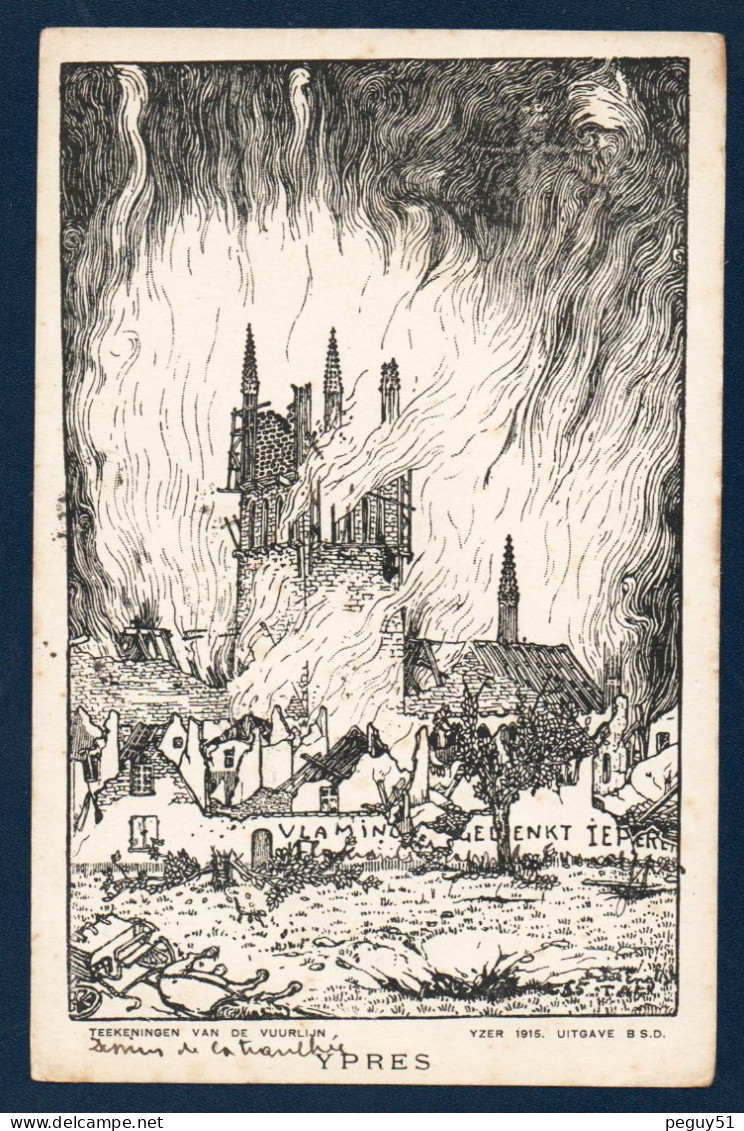 Ypres. Incendie De La Cathédrale S.Martin. Franchise Postes Militaires Belgique-6ème Division D'Armée. 1918 - Ieper