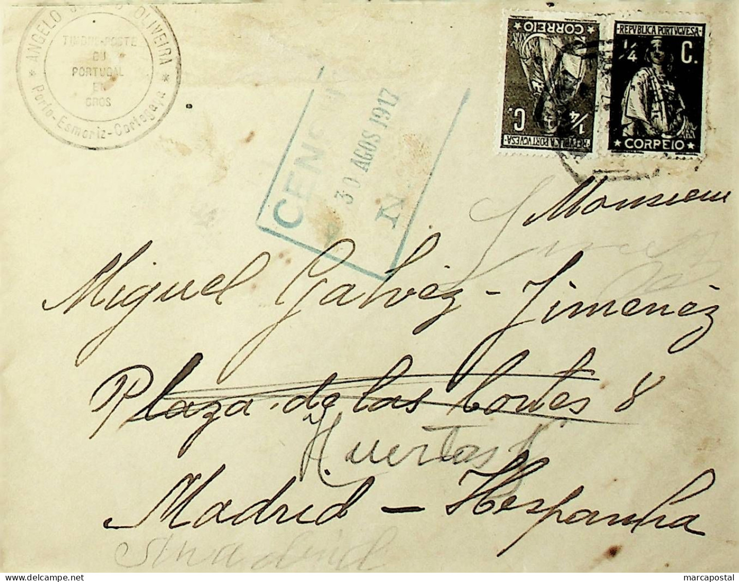 Portugal 1917 Censura Postal. Carta Enviada Do Porto Para Madrid - Marcophilie