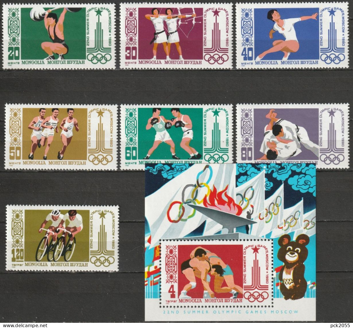 Mongolei 1980 Mi-Nr. 1287 - 1293 + Block 63 ** Postfrisch Olympische Sommerspiele Moskau ( D 4127 ) - Mongolei