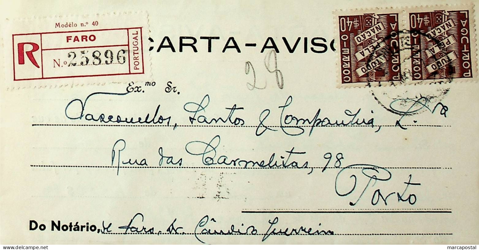 Portugal 1937 Carta Registada De Faro Para O Porto - Postmark Collection