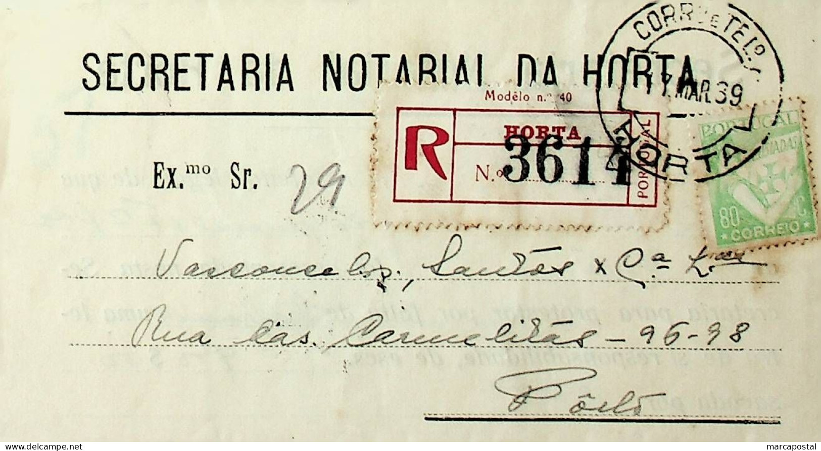Portugal 1939 Carta Registada Da Horta Para O Porto - Marcophilie