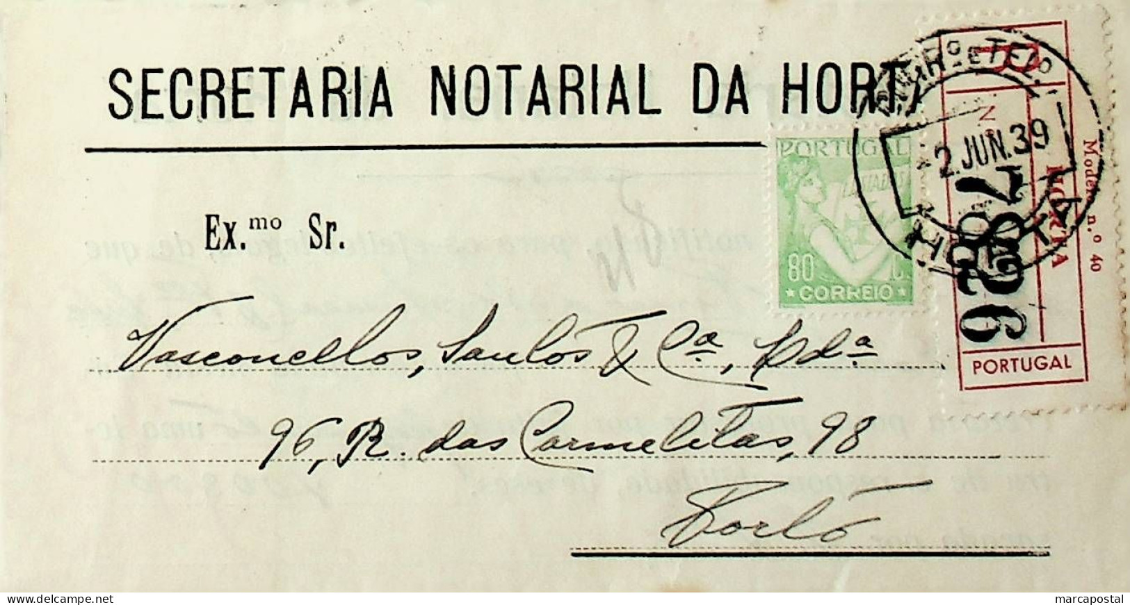 Portugal 1939 Carta Registada Da Horta Para O Porto - Postmark Collection