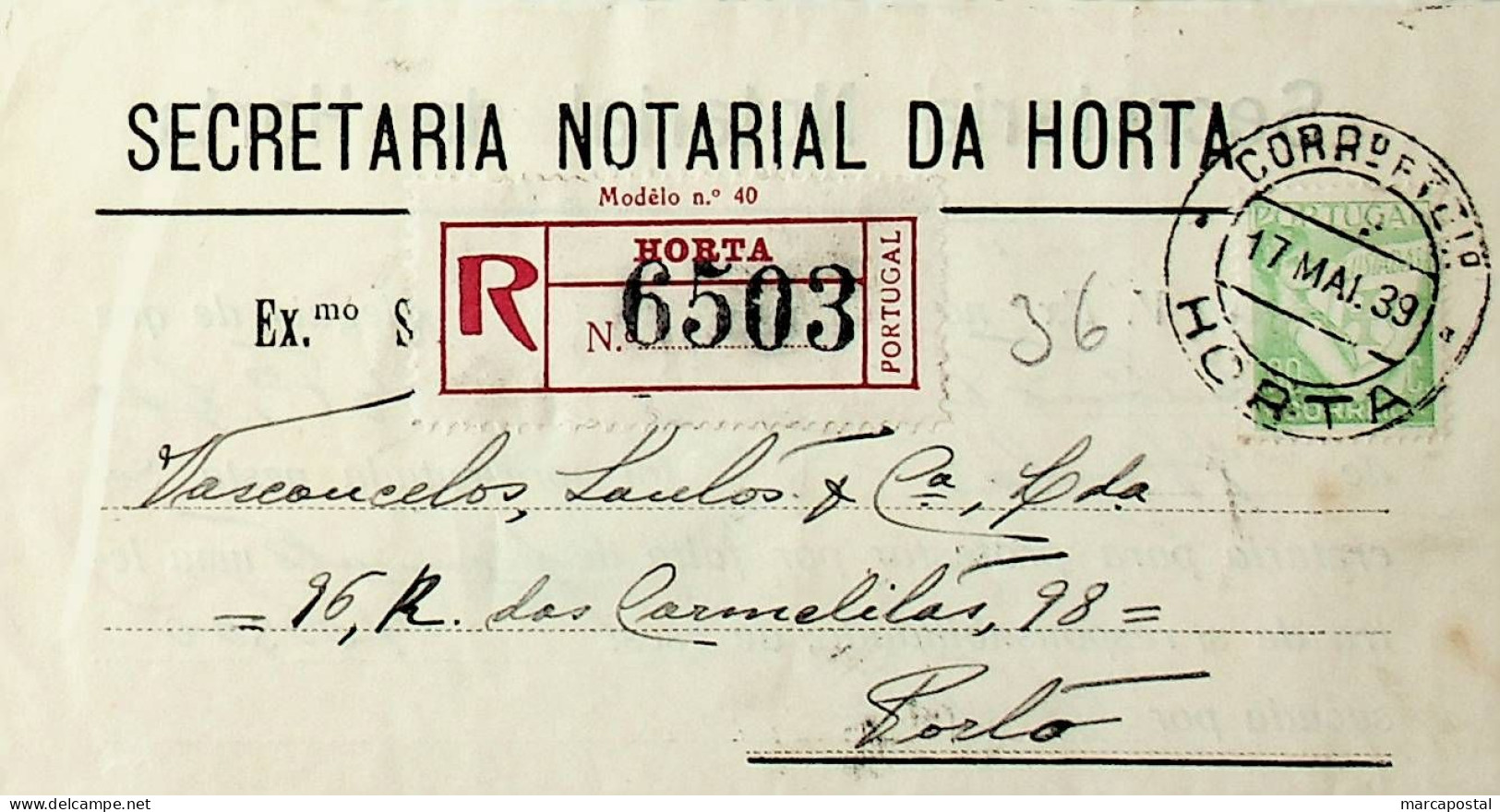 Portugal 1939 Carta Registada Da Horta Para O Porto - Marcophilie