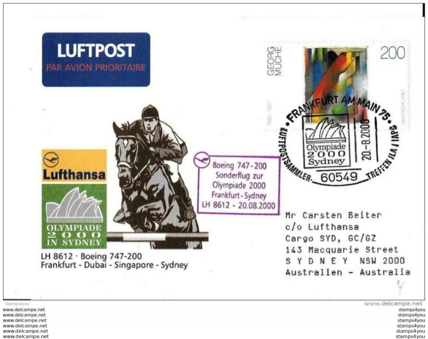 T1-76 . Enveloppe Allemande  Vol Spécial Lufthansa Frankfurt-Sydney - Oblit Spéciale - Sommer 2000: Sydney