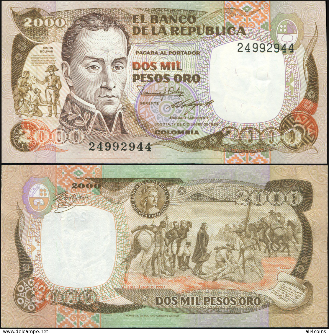 Colombia 2000 Pesos Oro. 17.12.1986 Paper Unc. Banknote Cat# P.430d - Colombie