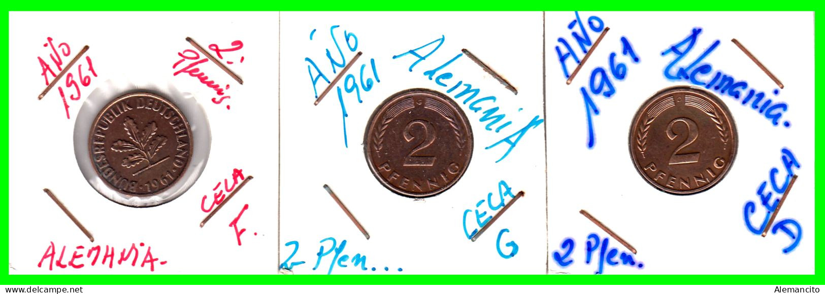 ALEMANIA – GERMANY - ( REPUBLICA FEDERAL ) 3 MONEDAS  DE 2.- PFENNING . AÑO 1961 DE LAS  CECAS - D - F- G. - 2 Pfennig