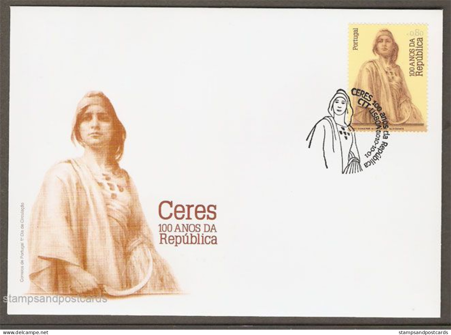 Portugal 2010 Centenaire Republique Ceres Gravé Taille Douce Brochure + Timbre + FDC Republic Centennial Engraved Stamp - Lettres & Documents