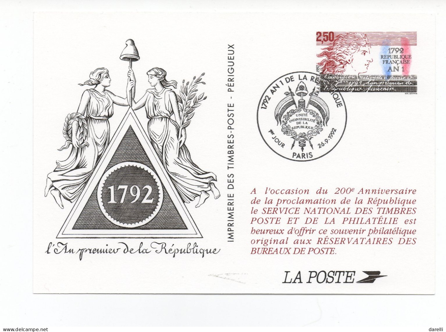 Entier Postal 1992 - 1792 An 1 De La République YT 2771 - Paris Le 26/09/1992 - Pseudo-entiers Officiels