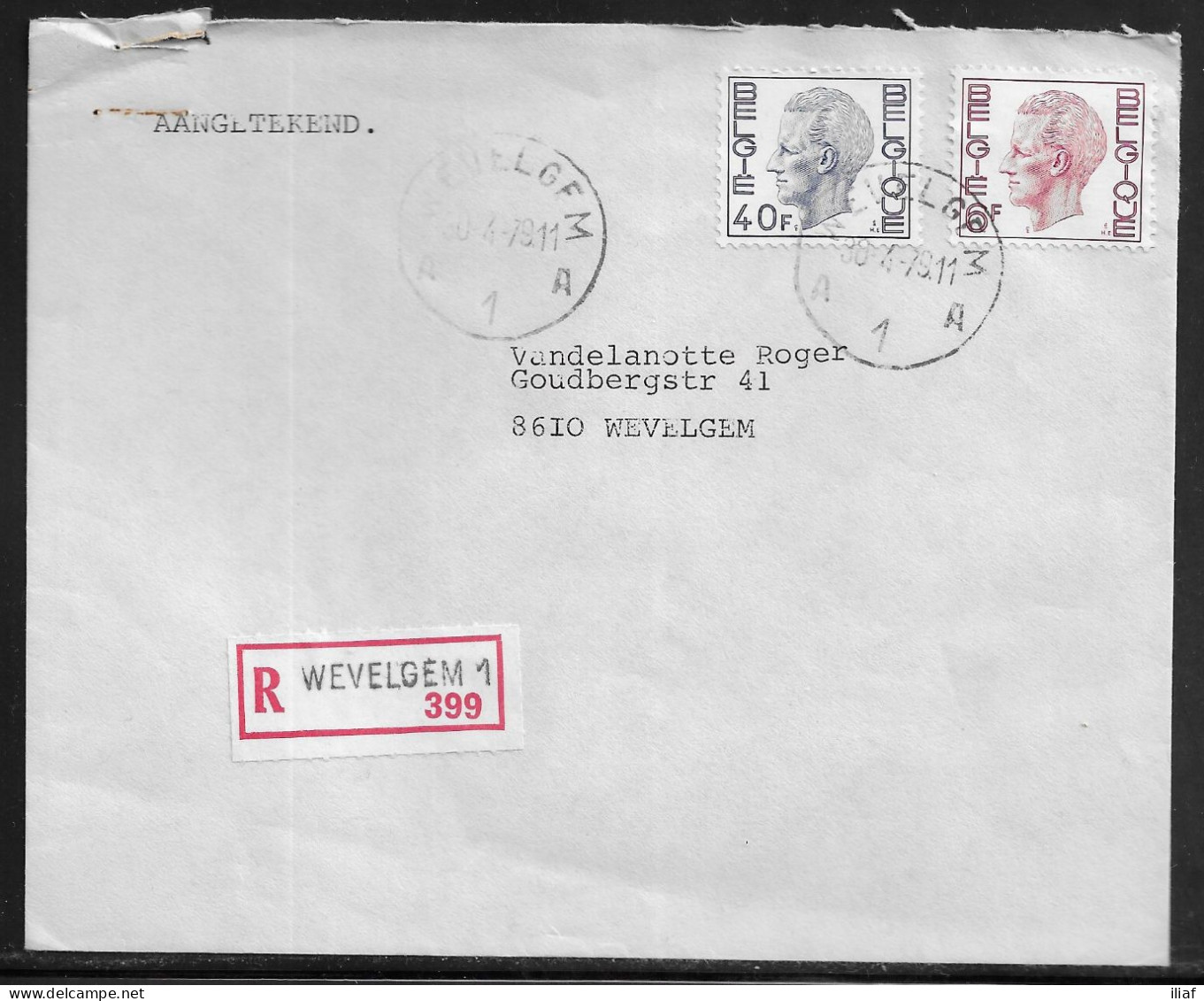 Belgium. Stamps Sc. 757, 789 On Registered Commercial Letter, Sent From Wevelgem On 30.04.1979 For Wevelgem - 1970-1980 Elström