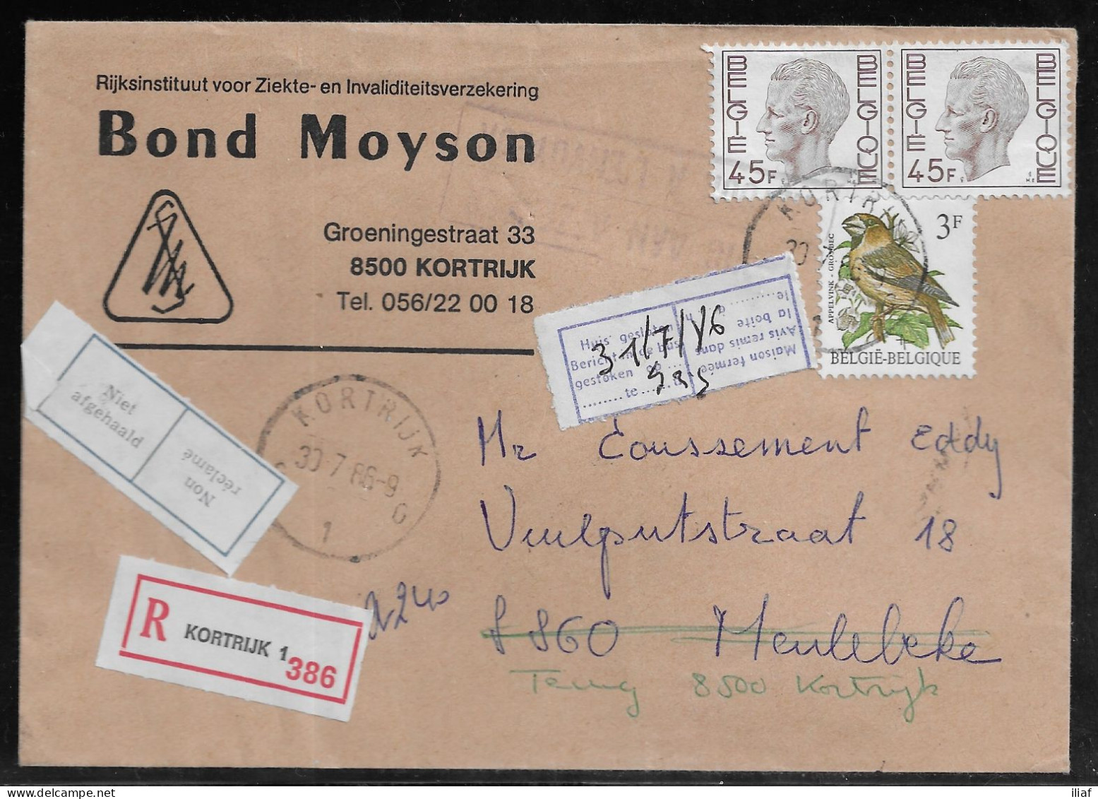 Belgium. Stamps Sc. 781, 1219 On Registered Commercial Letter, Sent From Bond Moyson Kortrijk - Health Insurance Agency - Brieven En Documenten