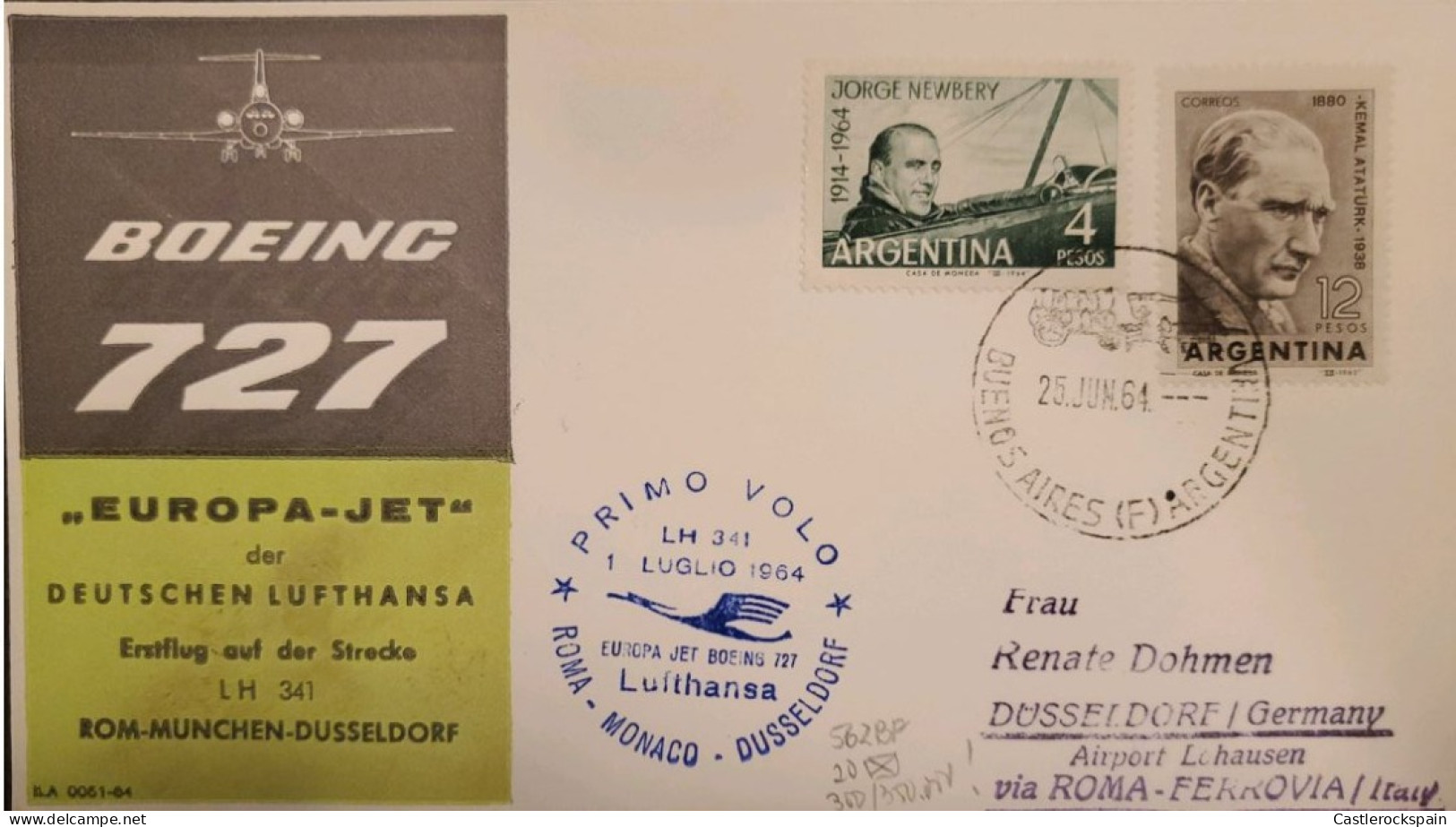 MI) 1964, ARGENTINA, RAILWAY, FROM BUENOS AIRES TO EUROPE - ROME, MONACO, DUSSELDORF, AIR MAIL, AVIATOR JORGE NEWBERY, F - Gebraucht