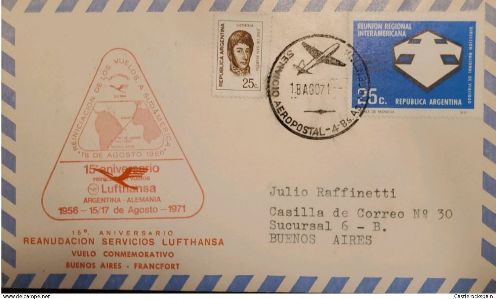 MI) 1971, ARGENTINA, RESUMPTION OF LUFTHANSA SERVICES, FROM BUENOS AIRES, AIR MAIL, GENERAL JOSE DE SAN MARTIN, INTER-AM - Usados