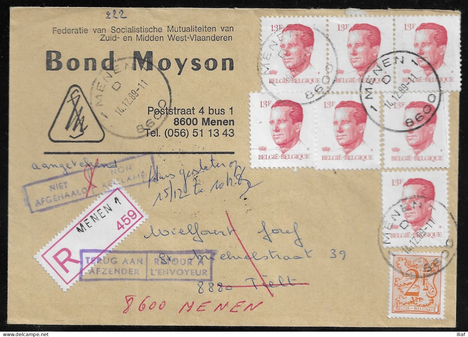 Belgium. Stamps Sc. 781, 970 On Registered Commercial Letter, Sent From Bond Moyson Menen  - Health Insurance Agency - Cartas & Documentos