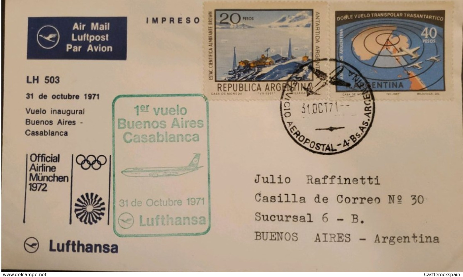 MI) 1971, ARGENTINA, FIRST BUENOS AIRES CASABLANCA LUFTHANSA FLIGHT, FROM BUENOS AIRES, AIR MAIL, ALMIRANTE BROWN SCIENT - Gebraucht