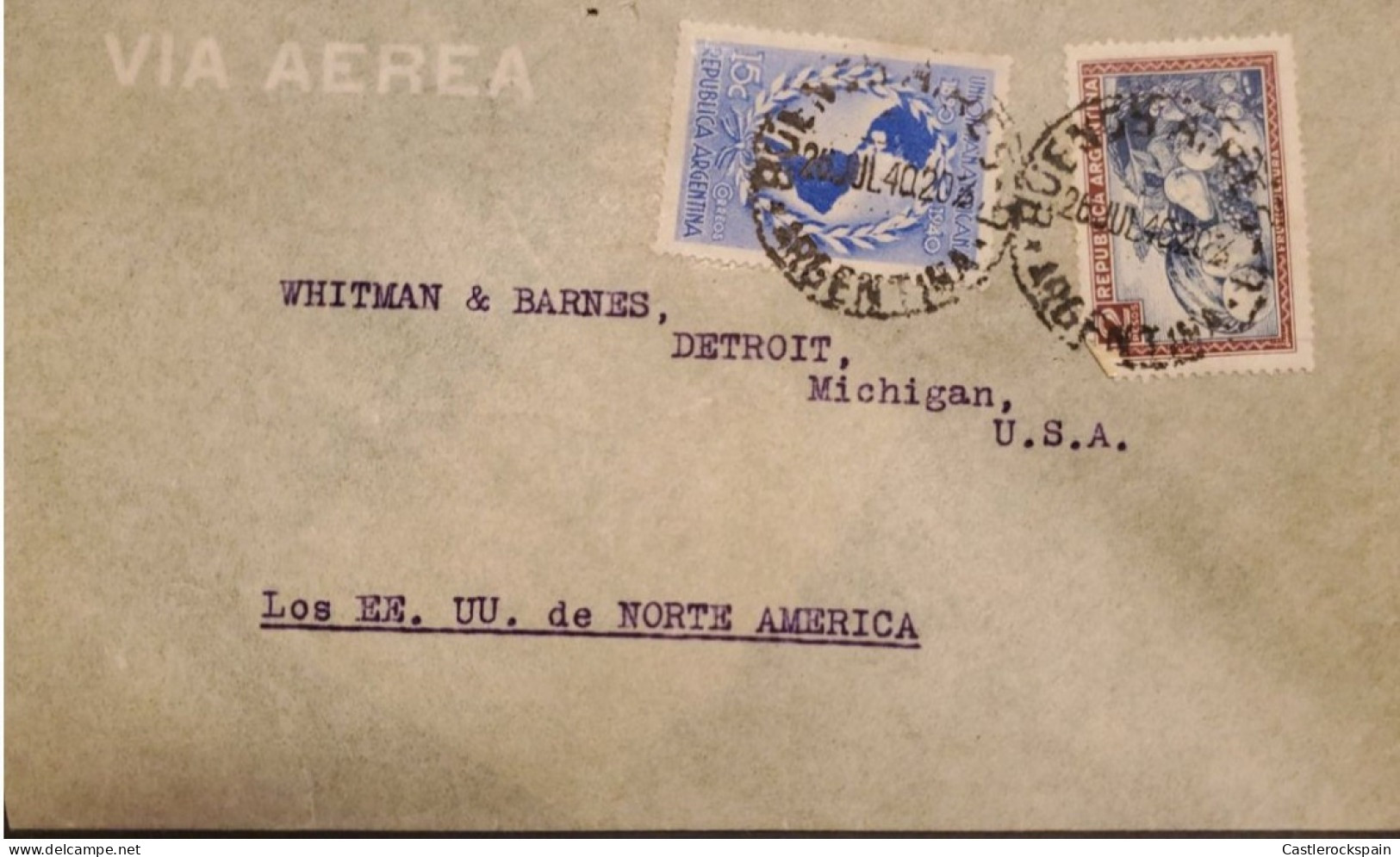 MI) 1940, ARGENTINA, AIRWAY, FROM BUENOS AIRES TO DETROIT - MICHIGAN UNITED STATES, DOUBLE CANCELLATION, PAN AMERICAN UN - Gebraucht