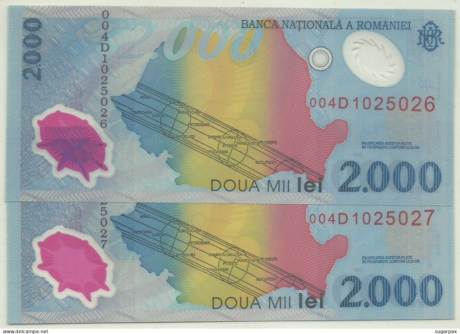 ROMANIA - 2 X 2.000 Lei - 1999 - Pick 111.a - Unc. - Série 004D - Total Solar ECLIPSE Commemorative POLYMER - 2000 - Roemenië