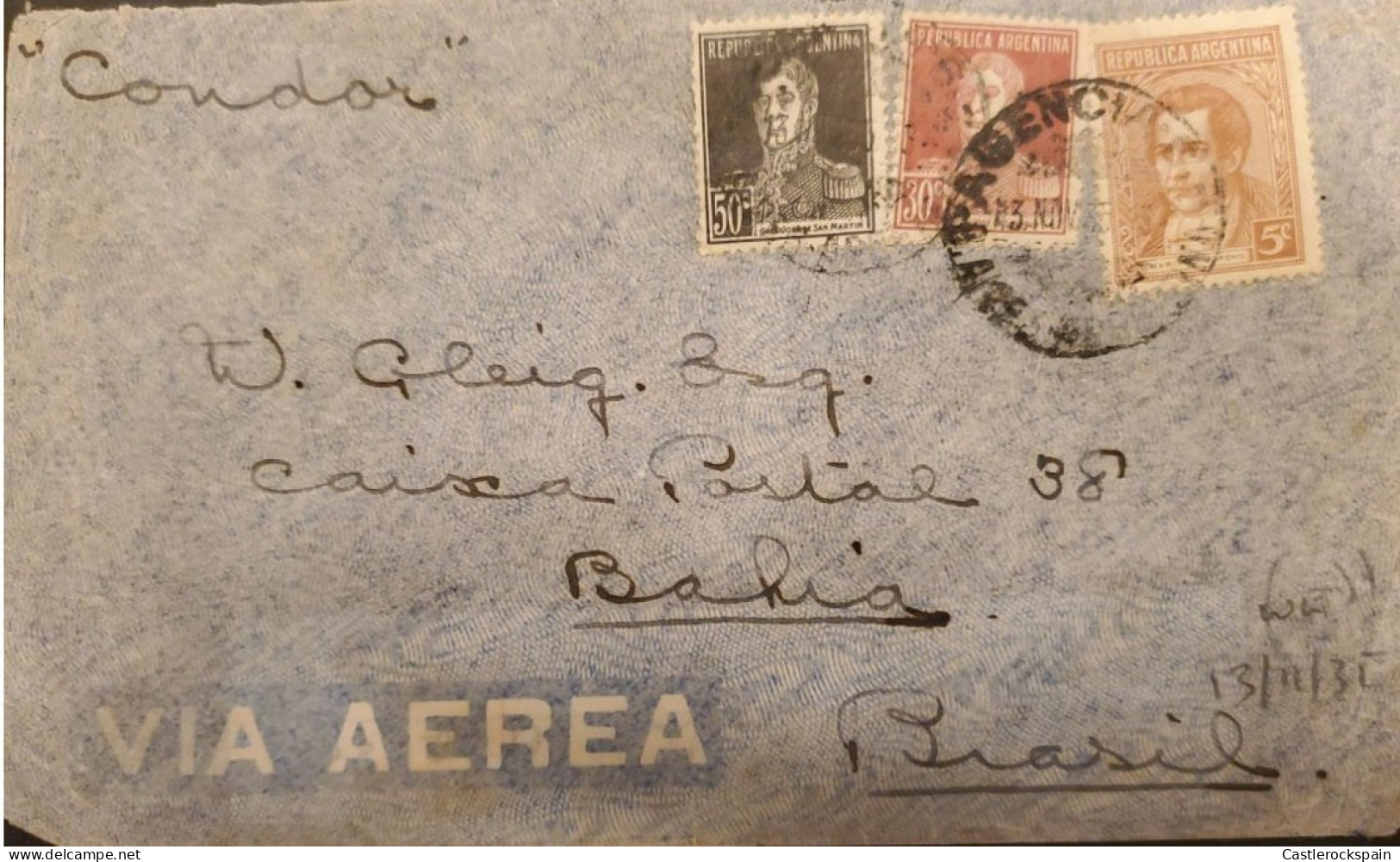 MI) 1935, ARGENTINA, VIA CONDOR, FROM BUENOS AIRES TO BAHIA - BRAZIL, AIR MAIL, GRA SAN MARTIN, XF - Oblitérés