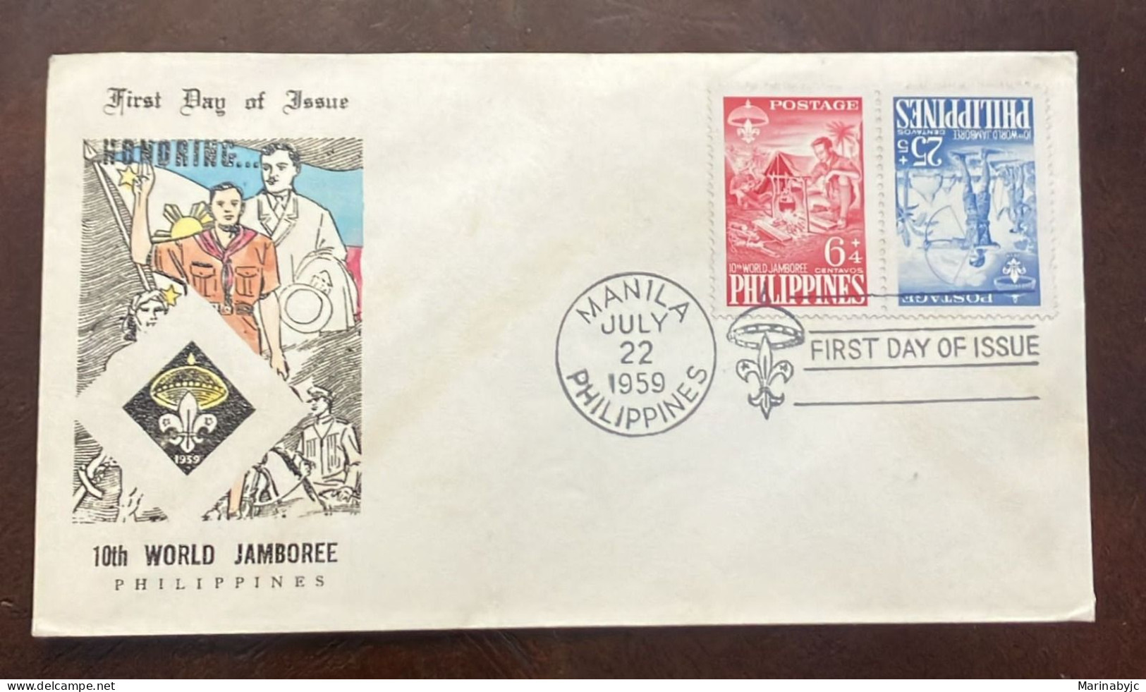 D)1959, PHILIPPINES, FIRST DAY COVER, ISSUE 10TH WORLD SCOUT MEETING, FIELD COOKING, ARCHERY, FDC - Filipinas