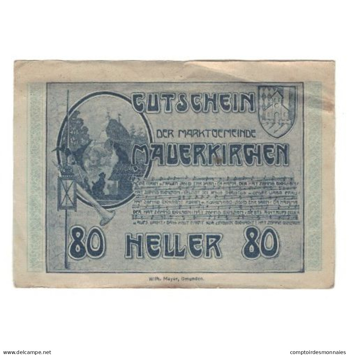 Billet, Autriche, Mauerkirchen O.Ö. Gemeinde, 80 Heller, Texte, 1920 - Oesterreich