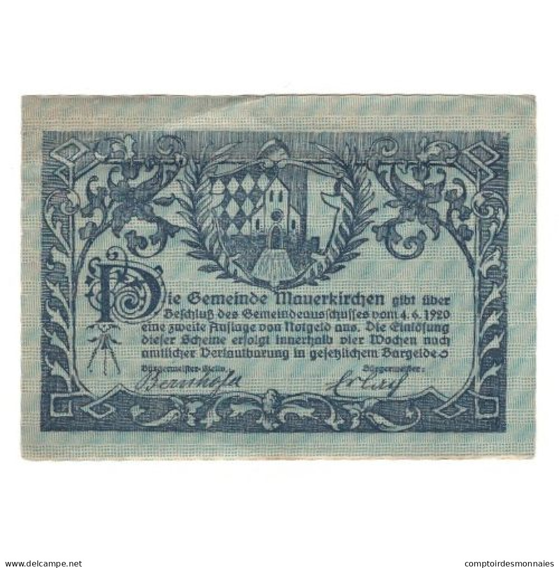 Billet, Autriche, Mauerkirchen O.Ö. Gemeinde, 80 Heller, Texte, 1920 - Austria