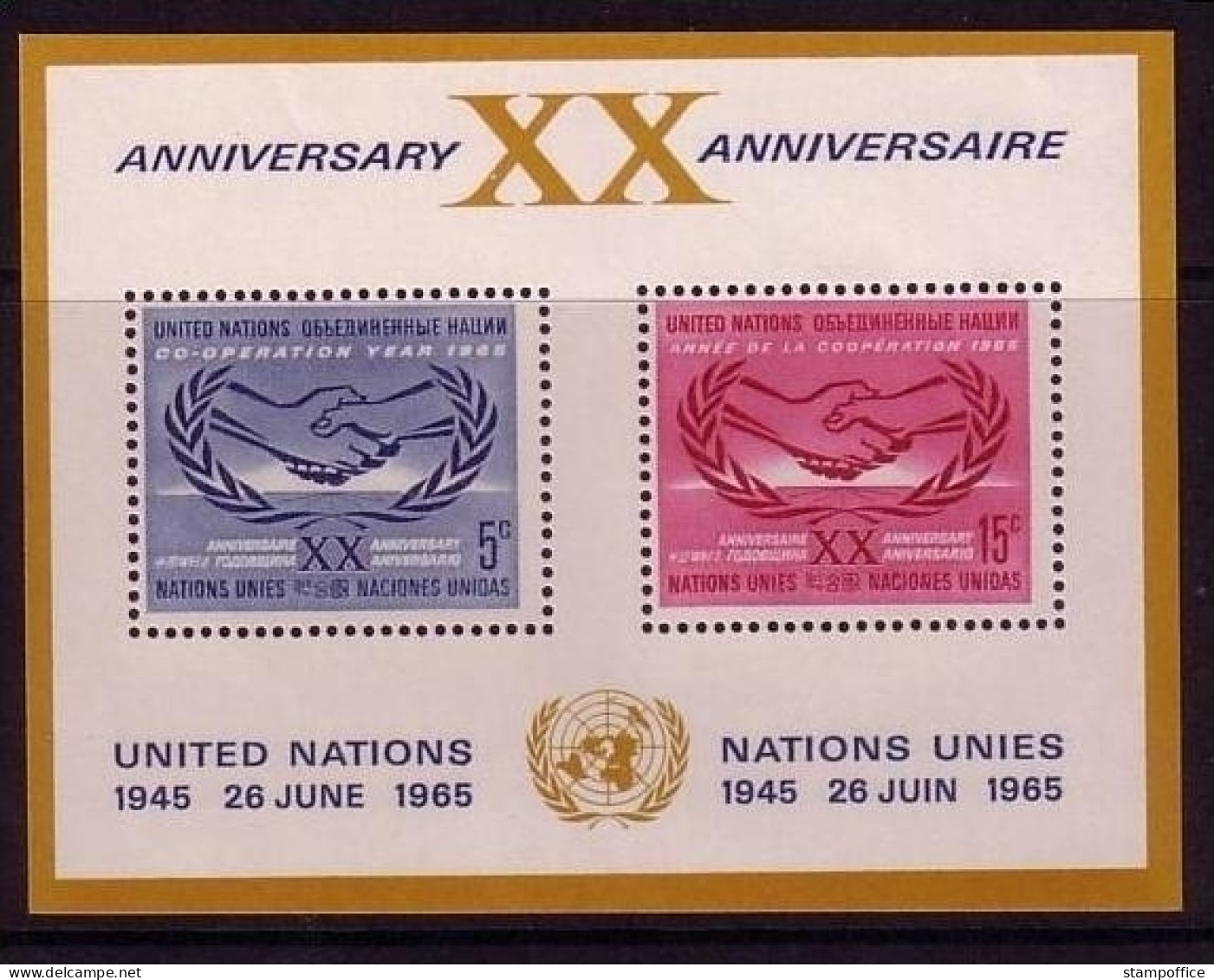 UNO NEW YORK BLOCK 3 POSTFRISCH(MINT) JAHR DER ZUSAMMENARBEIT 20 JAHRE UNO 1965 - Hojas Y Bloques