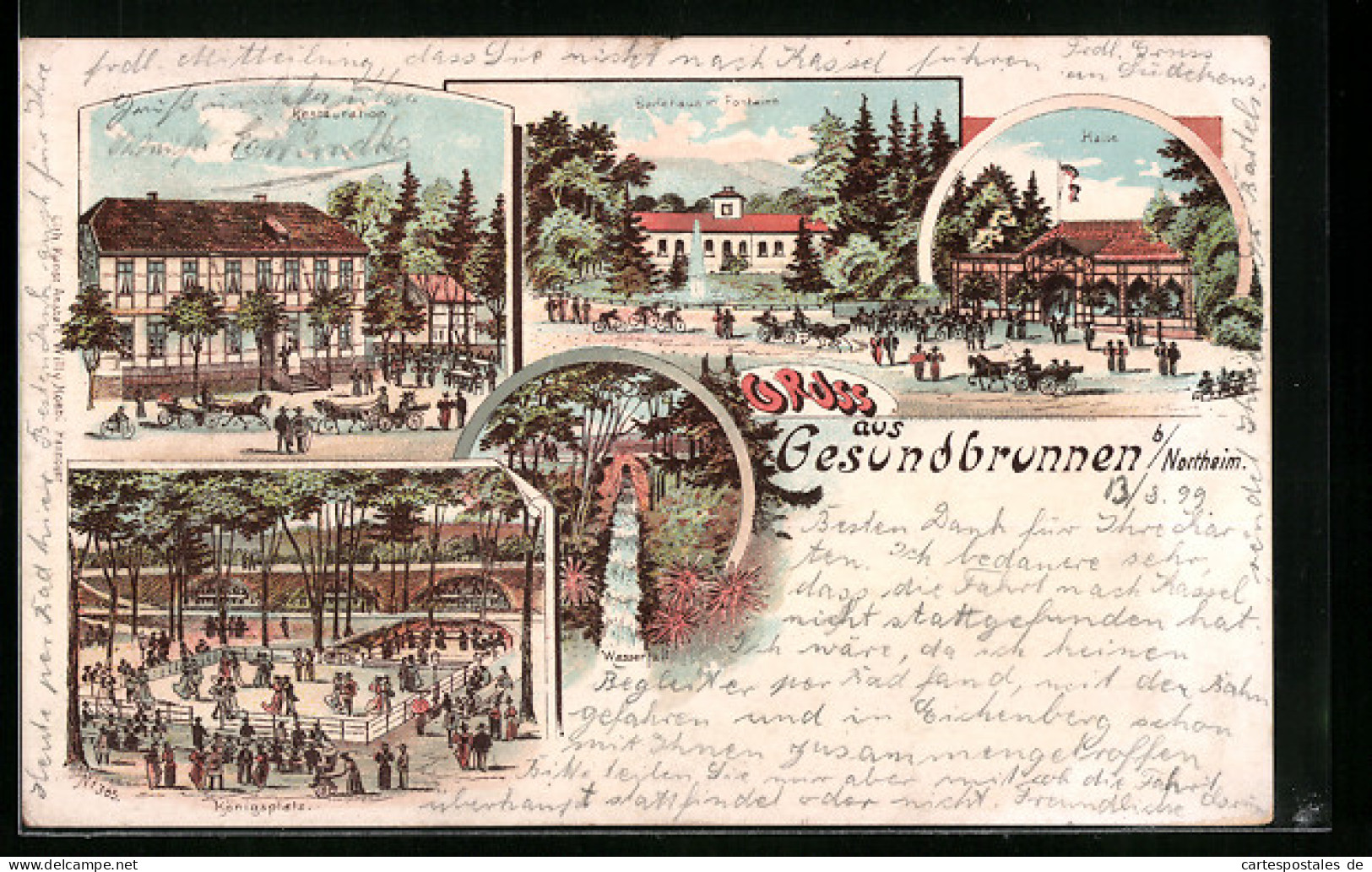 Lithographie Gesundbrunnen B. Northeim, Restauration, Badehaus M. Fontaine, Königsplatz  - Northeim