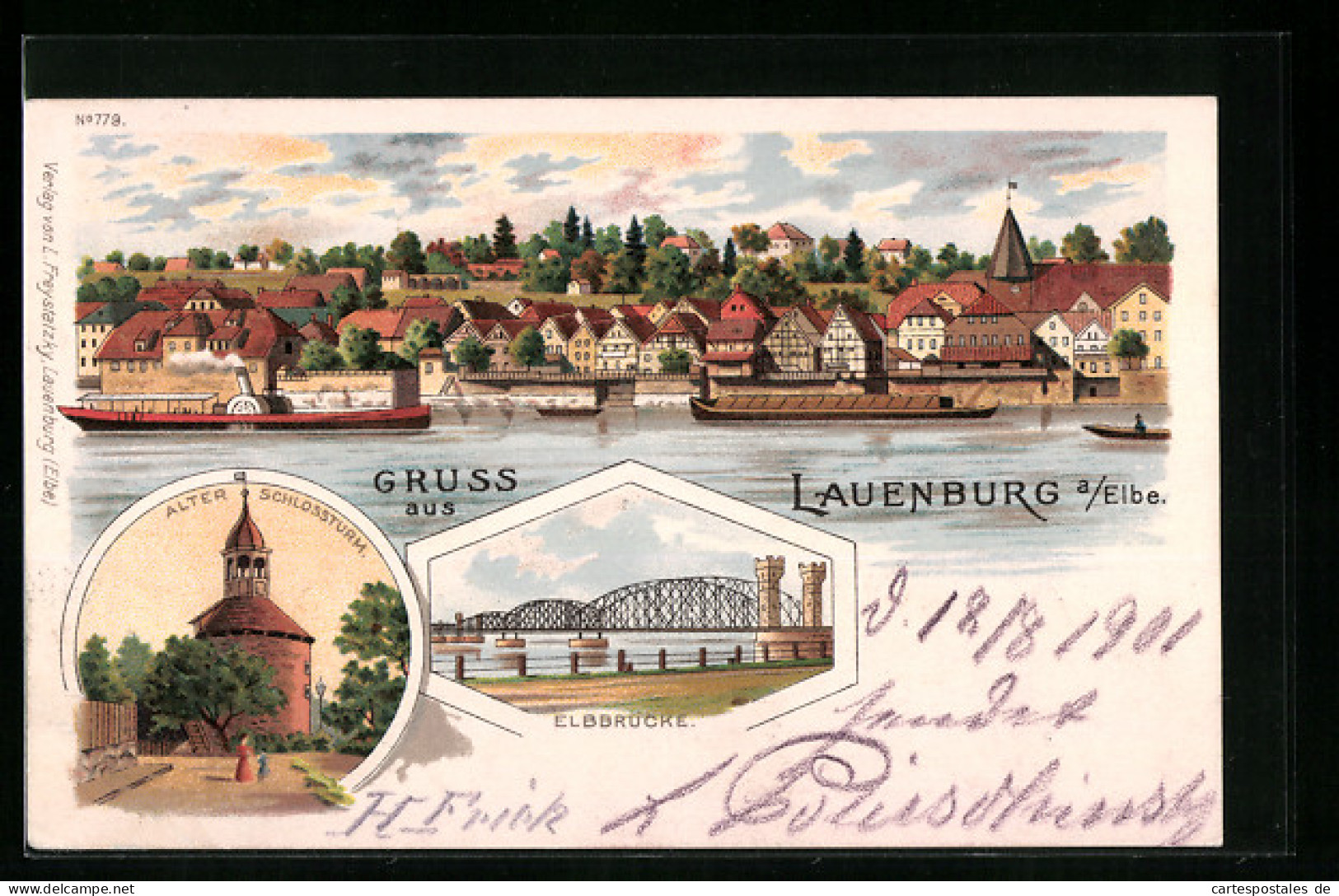 Lithographie Lauenburg A. Elbe, Elbbrücke, Fluss Mit Dampfer, Alter Schlossturm  - Lauenburg
