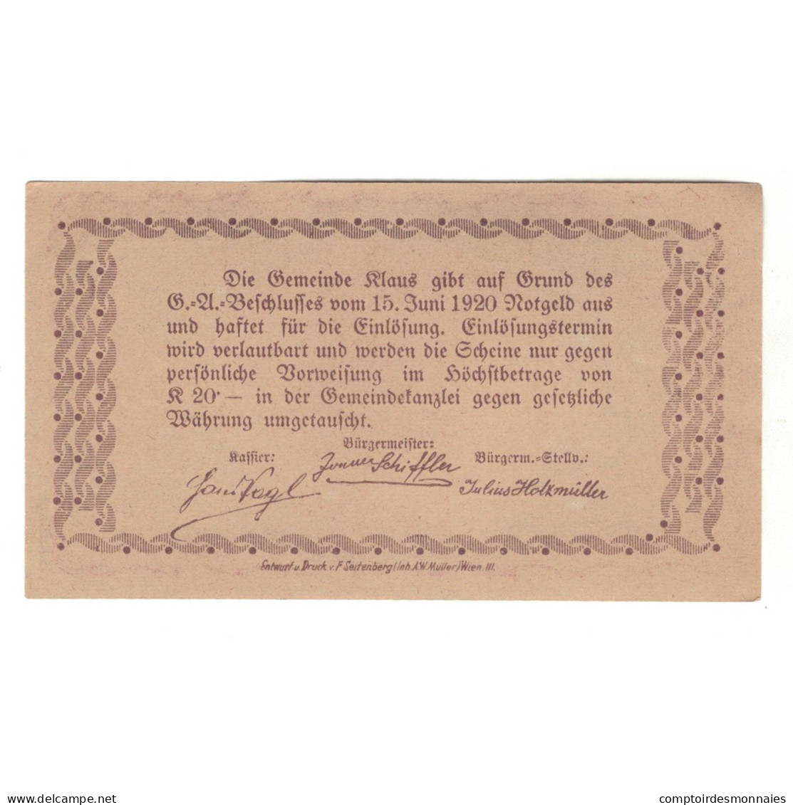 Billet, Autriche, Klaus O.Ö. Gemeinde, 60 Heller, Texte, 1920, 1920-06-15, SUP - Oesterreich