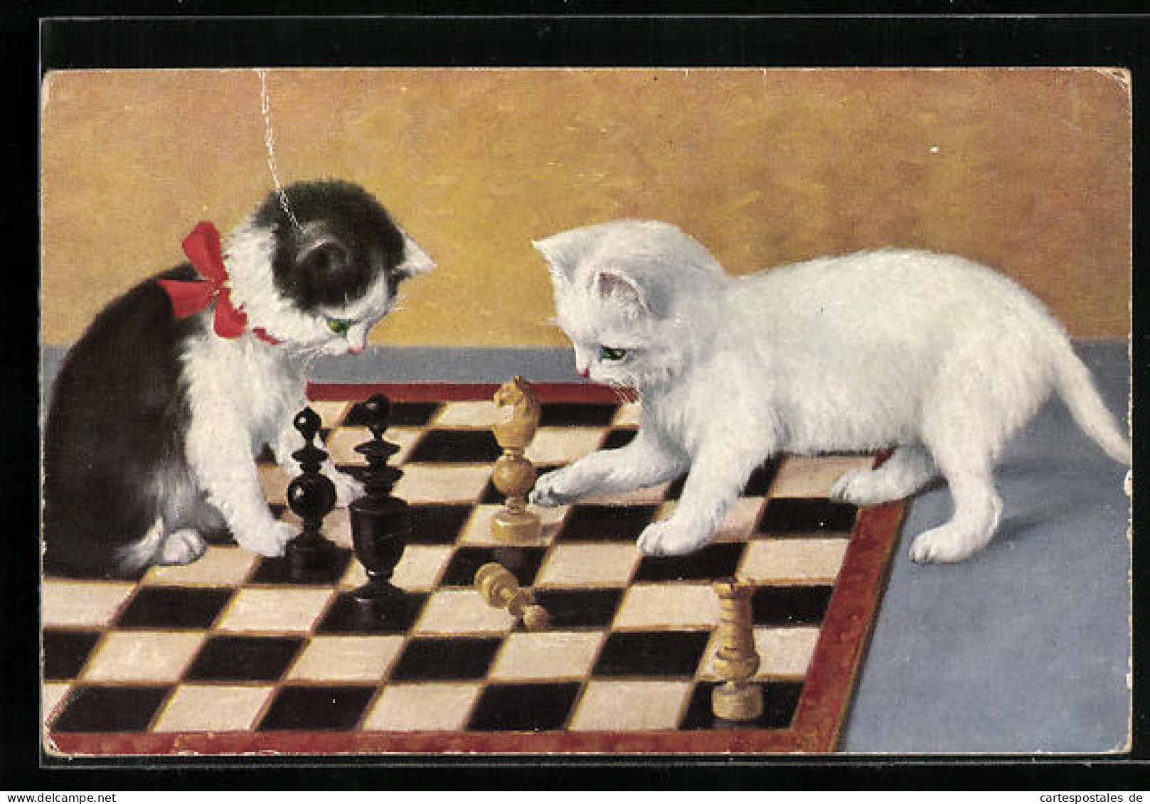 AK Zwei Kleine Katzen Spielen Schach, Brettspiel  - Chess