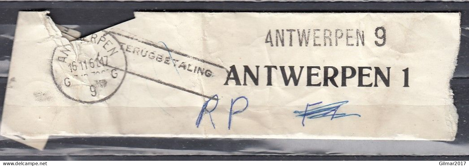 Fragment Van Antwerpen 1 Met Langstempel Antwerpen 9 - Griffes Linéaires