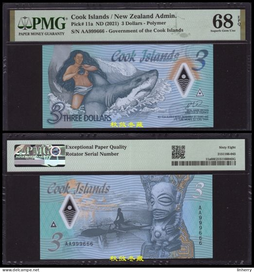 Cook Islands 3 Dollars, (2021), Polymer, Lucky Number 999666, PMG68 - Islas Cook