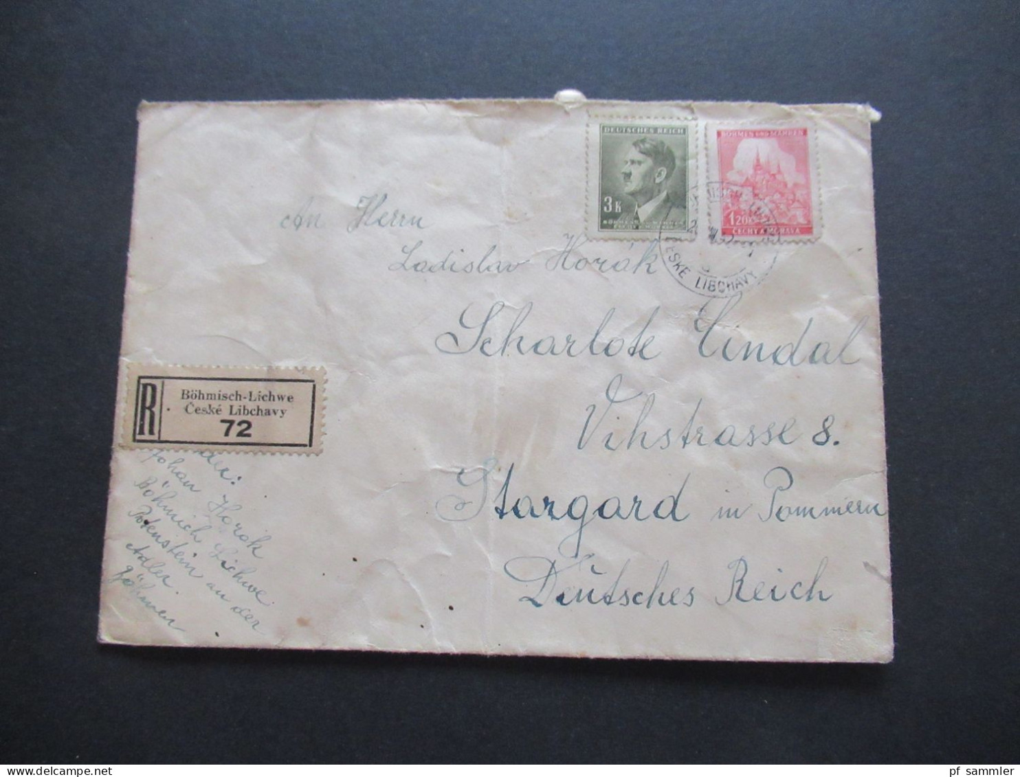 Böhmen Und Mähren 1942 MiF Einschreiben Böhmisch Lichwe Ceske Libchavy Nach Stargard In Pommern Mit Ank. Stempel - Storia Postale