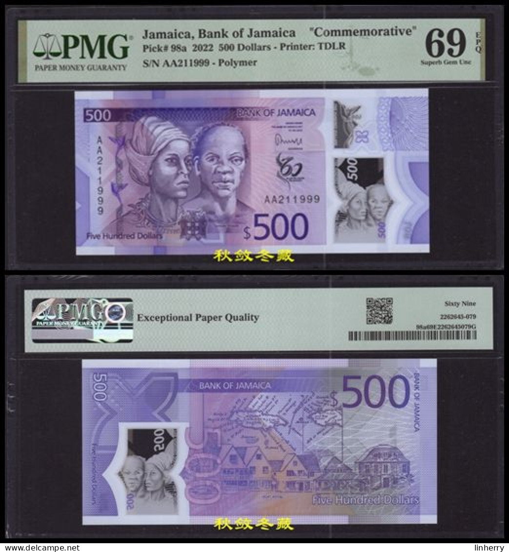 Jamaica 500 Dollars 2023, Polymer, Commemorative, AA Prefix, Lucky Number 999, PMG69 - Jamaica