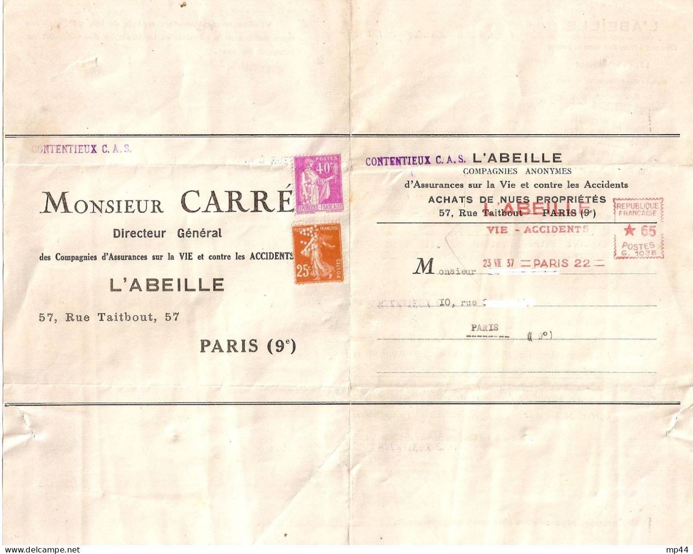 1E9 --- Assurances L'ABEILLE EMA Et Perforation VA Thème - Lettres & Documents
