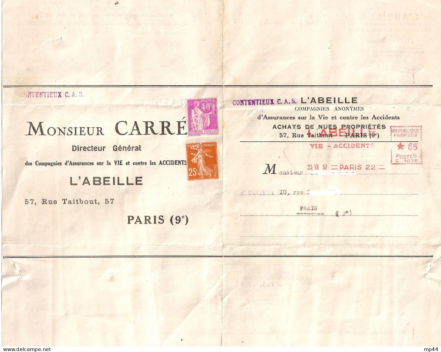 1E9 --- Assurances L'ABEILLE EMA Et Perforation VA Thème - Brieven En Documenten