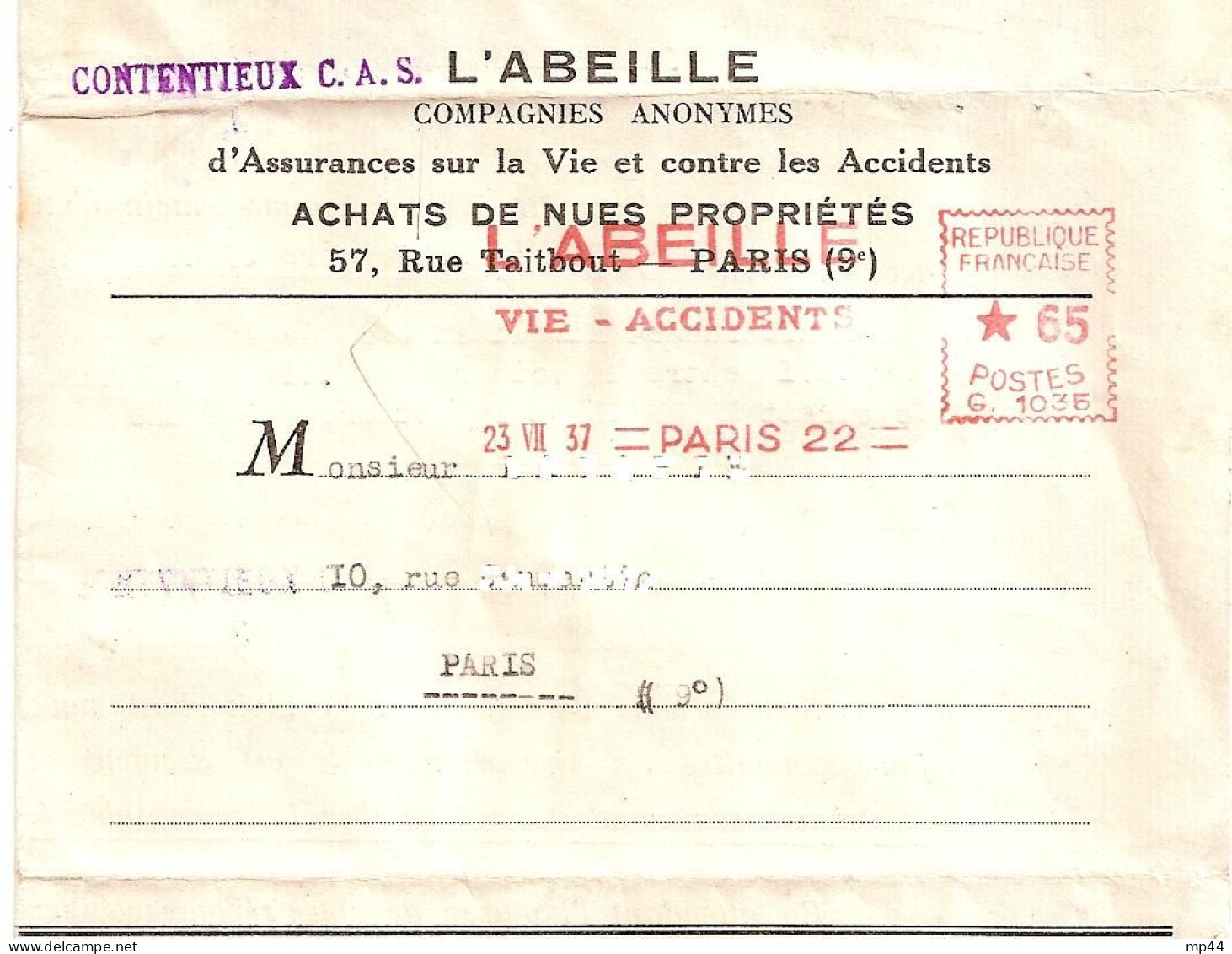 1E9 --- Assurances L'ABEILLE EMA Et Perforation VA Thème - Storia Postale