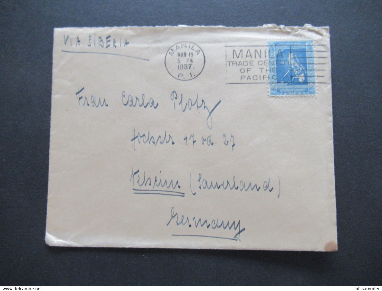 19.3.1937 Asien Philippinen / USA Commonwealth Of The Philippines Stempel Manila Und Handschriftlich Via Siberia - Filippine