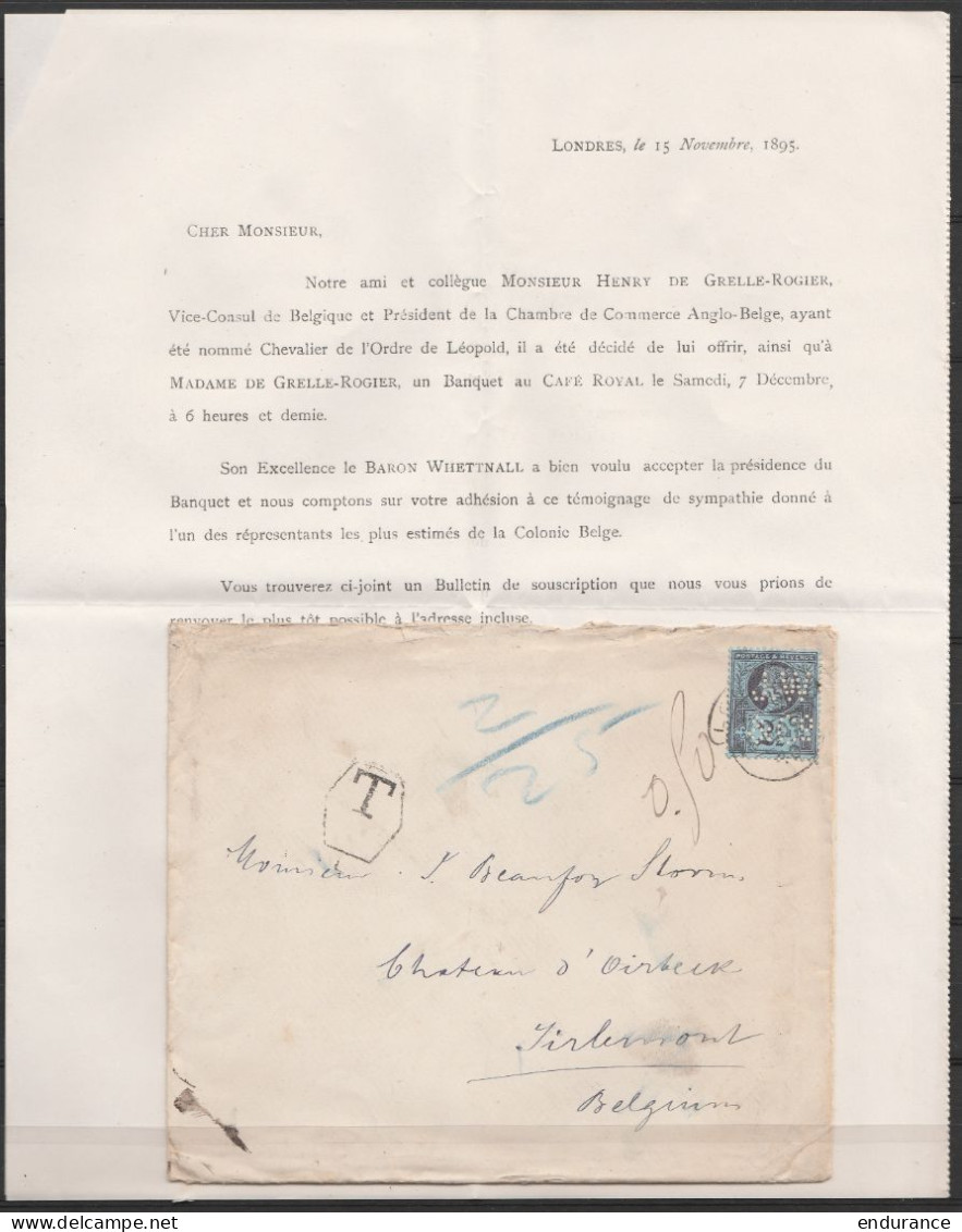 LAC. Affr. 2 1/2d Perforé (perfin) Càd LONDON /1895 Pour TIRLEMONT - Bulletin De Réservation Pour Banquet Organisé Par L - Perfin