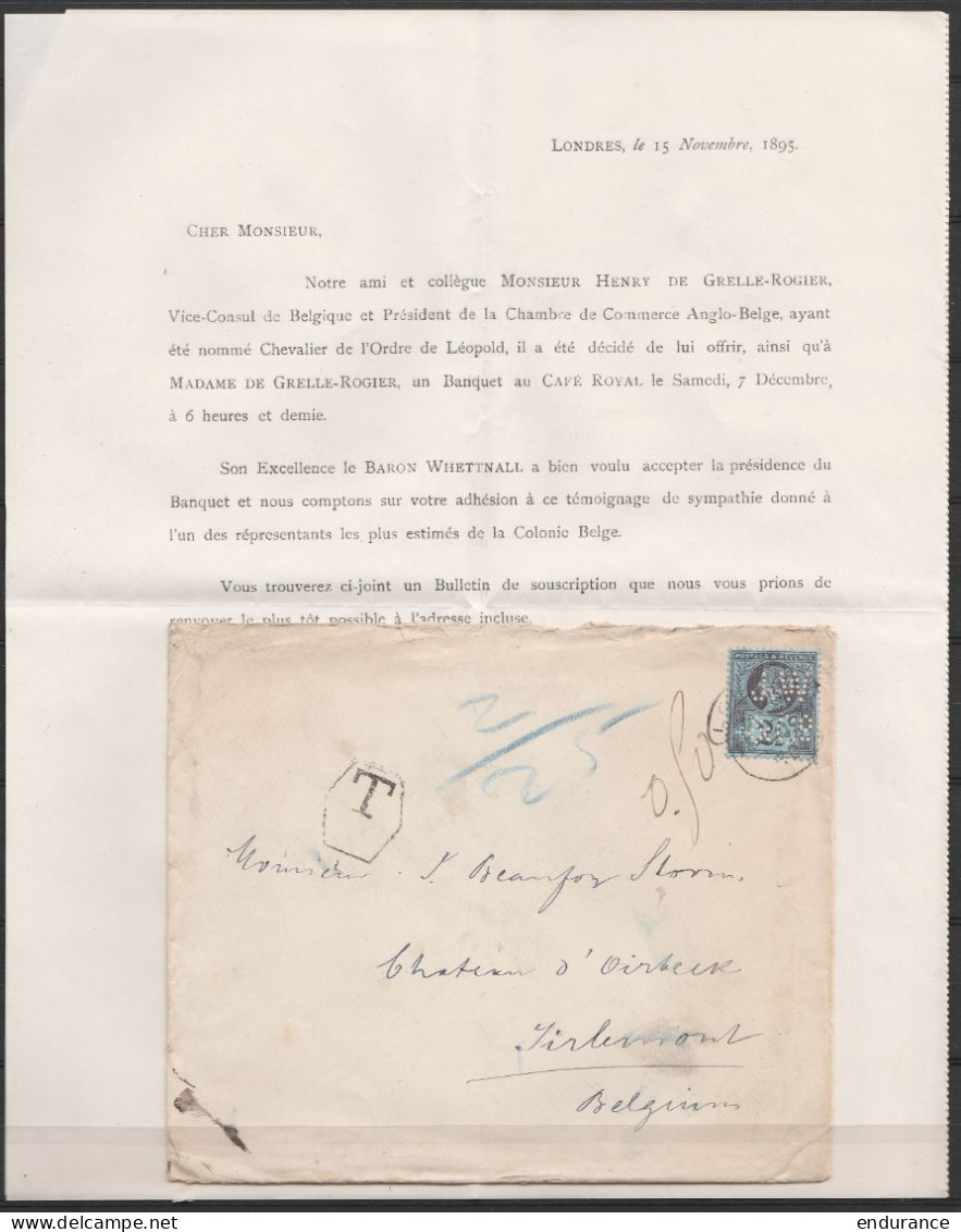 LAC. Affr. 2 1/2d Perforé (perfin) Càd LONDON /1895 Pour TIRLEMONT - Bulletin De Réservation Pour Banquet Organisé Par L - Perfins