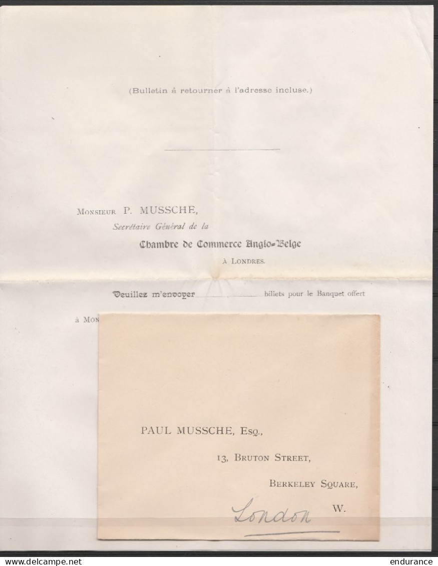 LAC. Affr. 2 1/2d Perforé (perfin) Càd LONDON /1895 Pour TIRLEMONT - Bulletin De Réservation Pour Banquet Organisé Par L - Perfin
