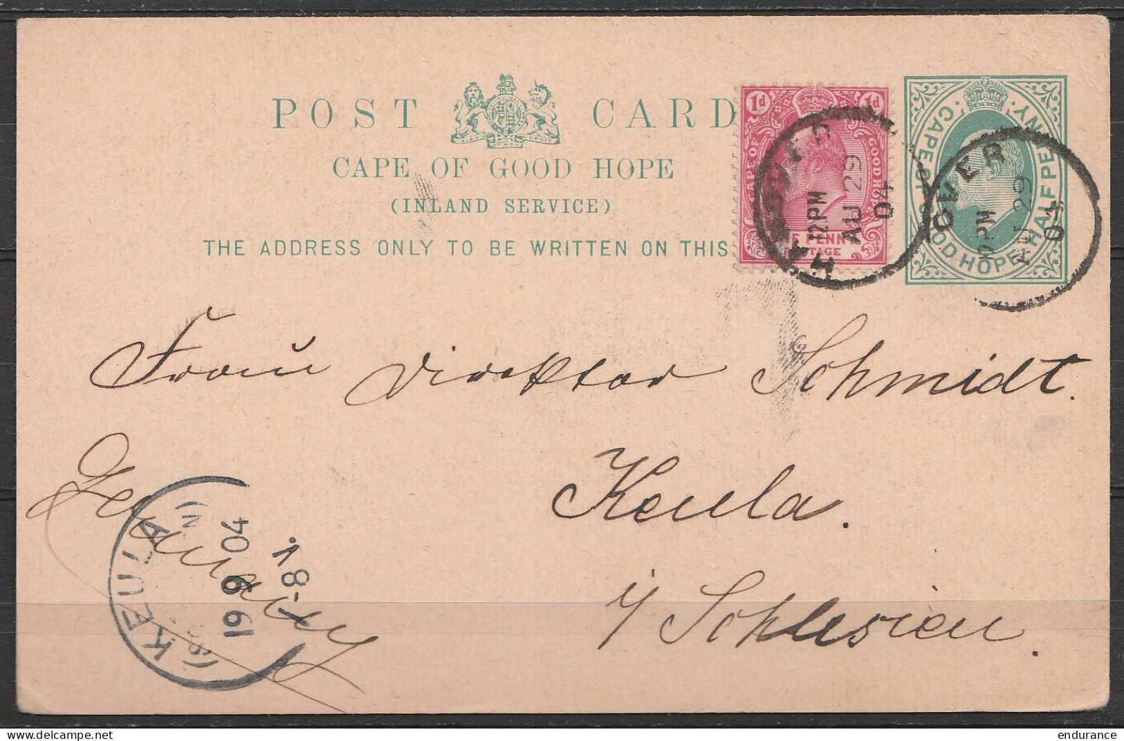 Cape Of Good Hope - EP CP 1/2d Vert + 1d Càd Càd HANOVER (?)/AU 29 1904 Pour KEULA - Cap De Bonne Espérance (1853-1904)