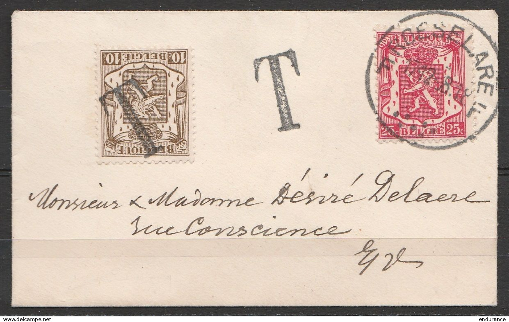 Env. Format Carte Visite Affr. N°423 Càd ROESELAERE F/17.12.1938 Pr EV Taxé 10c (N°420) - Stamps