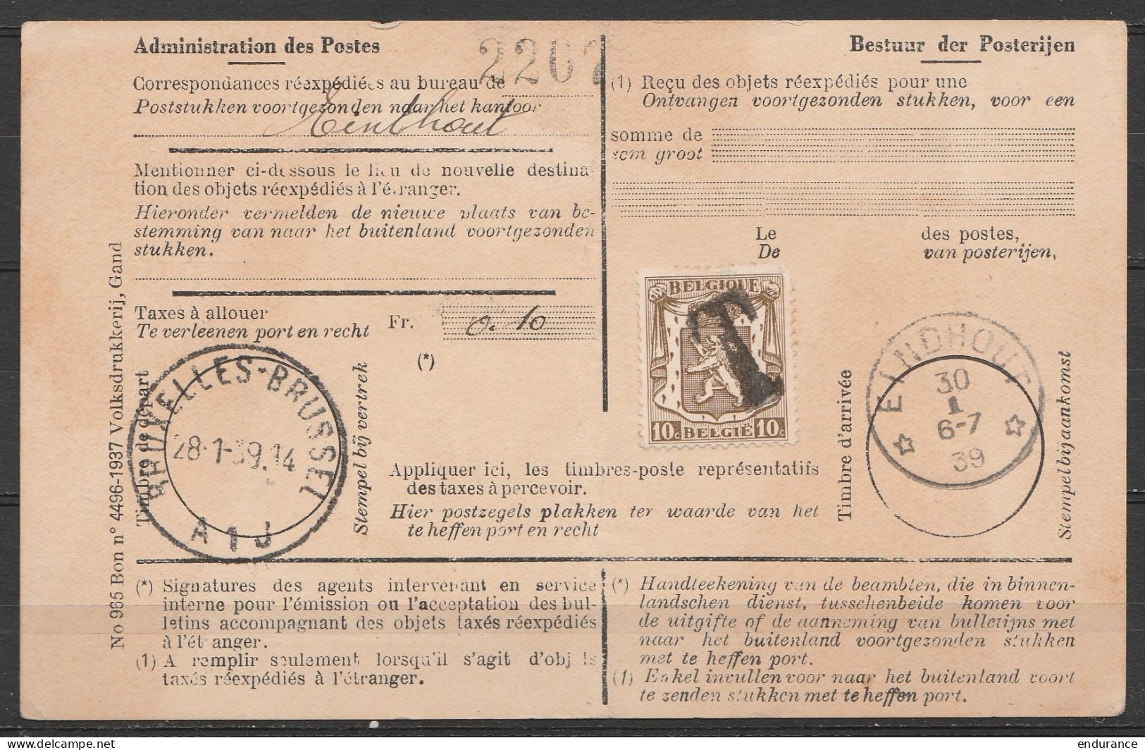 Avis De Réexpédition Càd BRUXELLES /28-1-1939 Pour Et Taxé 10c (N°420) EINDHOUT Càd Relais - Stamps