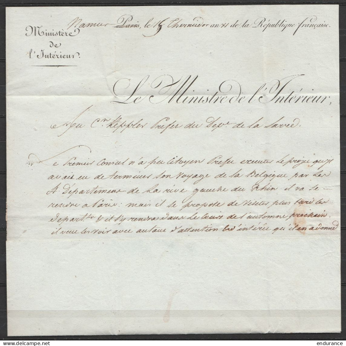 L. Datée 15 Thermidor An 4 Du Ministère De L'Intérieur à NAMUR Pour Préfet Du Département De La Sarre à TREVES - Griffe  - 1794-1814 (Periodo Francese)