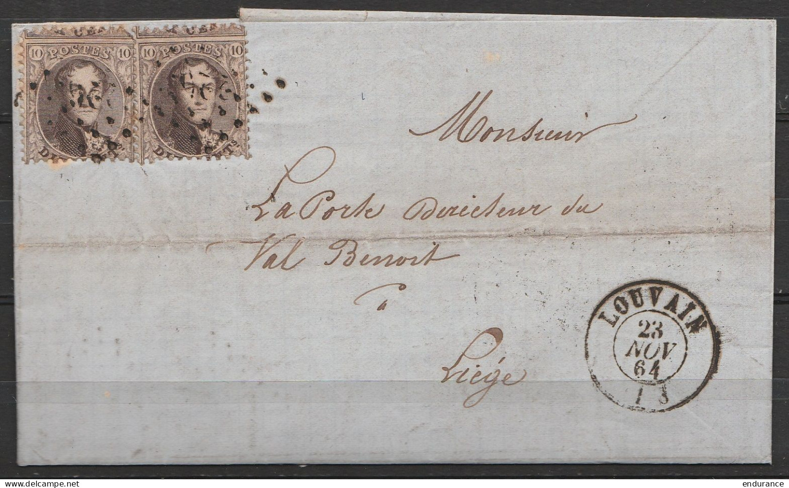 L. Affr. N°14 X2 (avec Voisins) Lpts 226 Càd LOUVAIN /26 NOV 1864 Pour Directeur Du Val Benoit à LIEGE (au Dos: Càd LIEG - 1863-1864 Medaglioni (13/16)