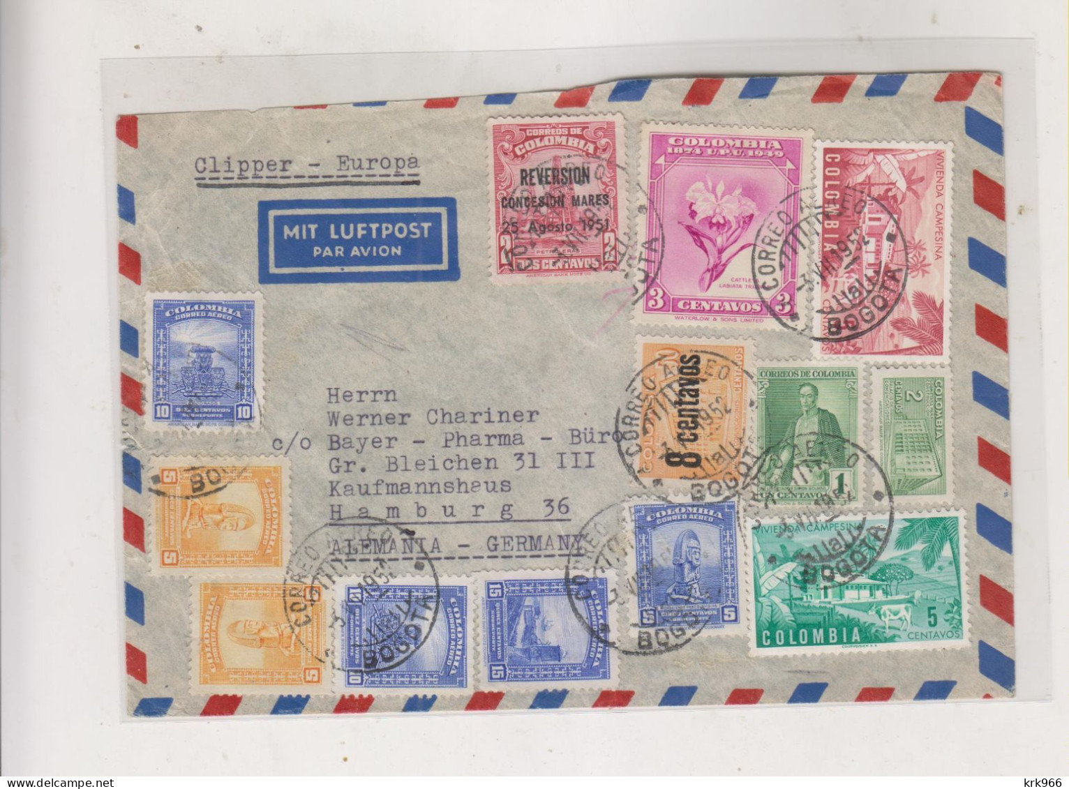 COLOMBIA 1952 BOGOTA   Airmail Cover To Germany Damaged On Back - Colombia