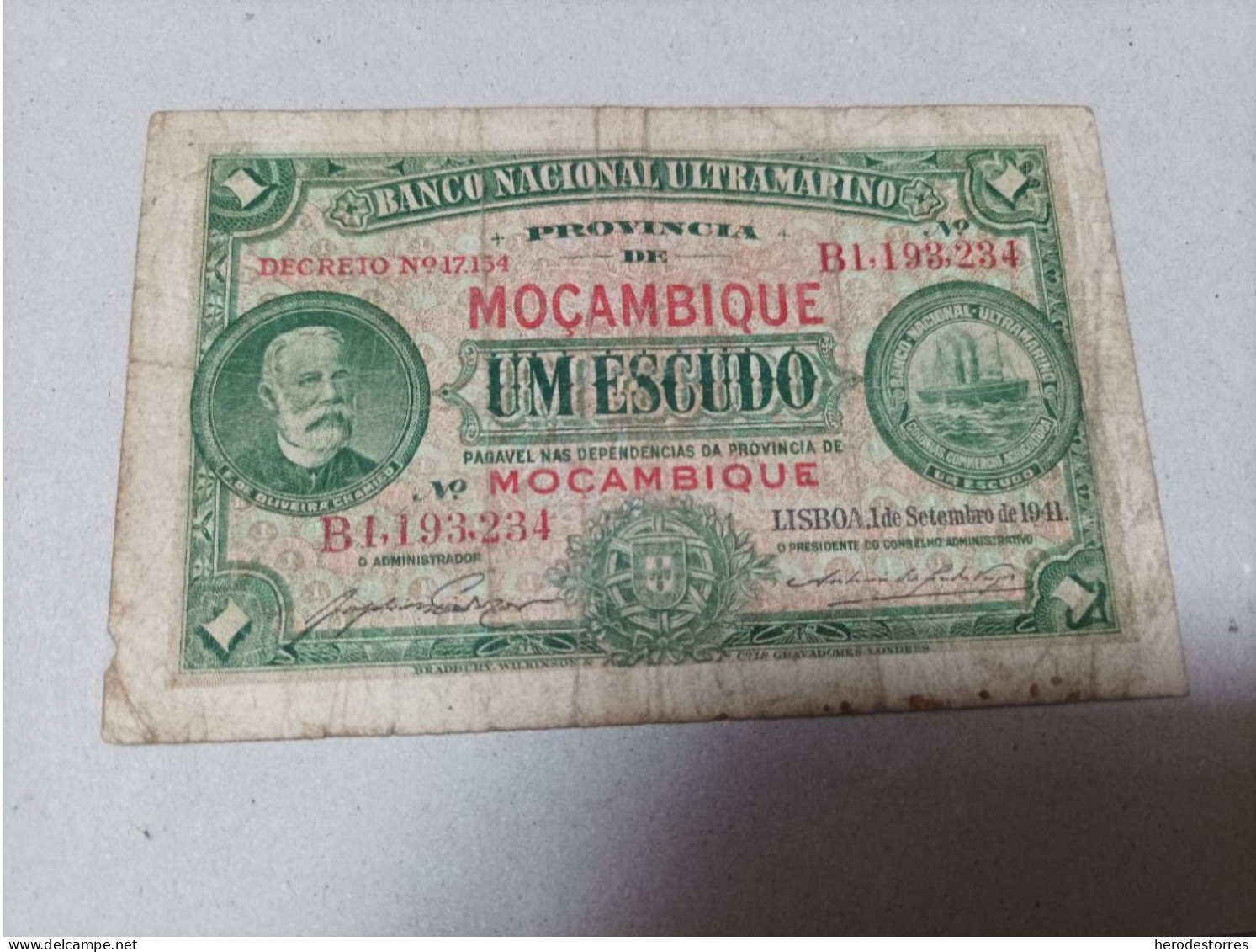 Billete Mozambique, 1 Escudo, Año 1941 - Mozambique