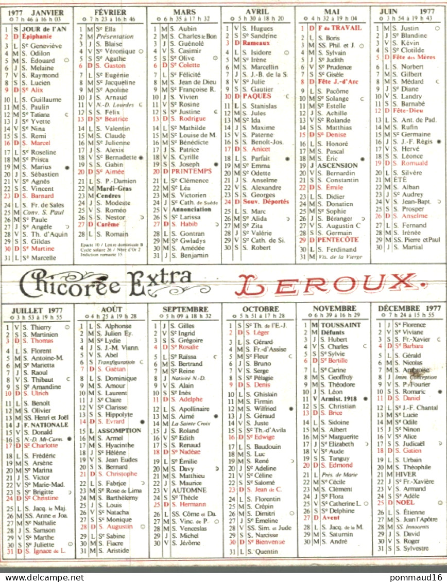 Calendrier 1977 : Chicorée Extra Leroux - Petit Format : 1971-80