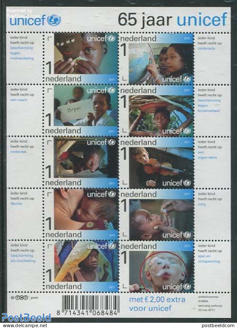 Netherlands 2011 65 Years UNICEF With Charity Fee (on Border) M/s, Mint NH, History - Unicef - Unused Stamps
